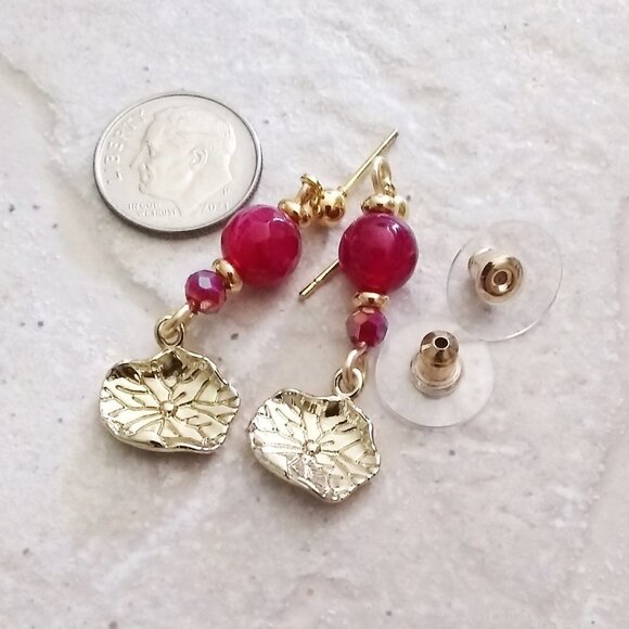 Gorgeous! Deep Rose Agates & Lotus Pad Earrings ~ Boldy Feminine & Alluring! - Picture 3 of 6